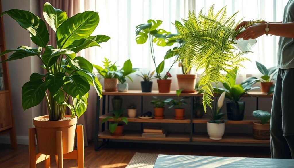A serene indoor plant care scene set in a beautifully decorated living room. In the foreground, a vibrant green monstera plant in a stylish terracotta pot sits on a wooden plant stand, glistening under soft, warm sunlight. To the right, a person in modest casual clothing gently waters a lush fern, their hands delicately tending to its bright fronds. The middle ground showcases an array of potted plants, including snake plants and peace lilies, arranged harmoniously on a rustic wooden shelf. The background features a large window with flowing sheer curtains, allowing natural light to flood the room, enhancing the tranquil and relaxing atmosphere. The overall mood is inviting and peaceful, emphasizing a natural aesthetic with wood and greenery.