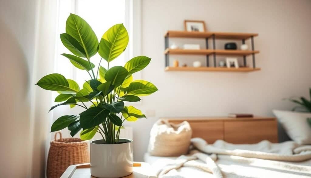 A serene indoor plant corner showcasing a single lush potted plant, positioned in the foreground on a natural wood side table. The plant, a tall fiddle leaf fig, boasts vibrant green leaves. Surrounding the plant, soft textures such as a woven basket and a cozy throw blanket evoke a sense of comfort. In the middle background, a softly diffused window allows bright natural light to illuminate the space with warm, airy sunlight, enhancing the tranquil atmosphere. On the wall behind, artfully arranged shelves display minimalistic decor items, creating an uncluttered visual. The angle is slightly tilted from above, capturing the overall harmony of the space. The overall mood is calm, inviting, and grounded, perfect for promoting serenity in a home environment.