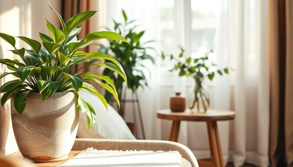 A serene indoor scene featuring a cozy corner adorned with a lush potted plant, capturing the essence of tranquility and groundedness. In the foreground, the plant’s vibrant green leaves unfurl elegantly from a stylish ceramic pot, detailed with organic textures. The middle ground showcases a rustic wooden side table with a soft, neutral-colored runner, complemented by a hand-blown glass vase holding fresh cuttings. In the background, soft curtains filter in warm, natural light, creating an inviting ambiance. The room is painted in calming earth tones, enhancing the atmosphere of peace and relaxation. The composition emphasizes a sense of harmony and balance, perfect for inspiring well-being in home spaces.
