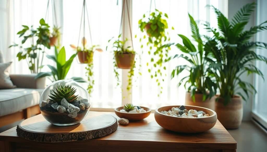 A serene indoor scene showcasing a harmonious blend of various plants and natural elements. In the foreground, a beautifully arranged wooden coffee table adorned with a succulent terrarium and natural stone crystals. In the middle, lush green plants like ferns and pothos cascading from hanging planters, complemented by decorative wooden bowls filled with pebbles and shells. The background features a large window allowing soft, diffused sunlight to fill the space, accentuating the warmth and tranquility of the setting. The atmosphere is calming and inviting, with a gentle play of shadows creating depth, while maintaining an airy, well-lit ambiance that evokes a sense of balance and connection to nature.