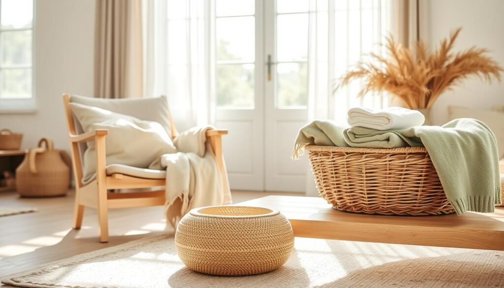 A serene indoor scene showcasing a variety of natural textiles in soft, comforting colors. In the foreground, a plush beige linen cushion and a cozy throw blanket made from organic cotton are artfully arranged on a light wooden armchair. The middle ground features a low wooden coffee table adorned with an earthy woven basket filled with soft cotton towels in muted tones of sage green and soft cream. In the background, large windows let in bright, airy sunlight, illuminating sheer curtains made from hemp. The atmosphere evokes a sense of calm and grounding, inviting relaxation. The lighting is soft and warm, enhancing the textures of the fabrics and the natural materials, creating a harmonious and tranquil space.