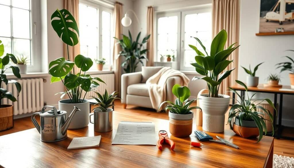 A serene indoor setting featuring a cozy corner of a well-decorated living room. In the foreground, a wooden coffee table holds an assortment of plant care reminders: a small notepad with care tips, a watering can, moisture meter, and a pair of pruning shears. Lush green plants such as a monstera and a snake plant thrive in stylish pots placed on the table and nearby shelves. The middle ground includes a comfortable armchair draped with a soft throw, creating an inviting atmosphere. In the background, large windows let in bright, soft sunlight, enhancing the sense of tranquility and natural life. The mood is calming and refreshing, perfect for busy individuals seeking a peaceful home environment.