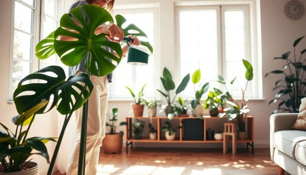 A serene indoor setting focused on houseplant care, featuring a bright and airy living room bathed in soft, natural light. In the foreground, a person in modest casual clothing is gently watering a lush, green monstera plant, showcasing attention to detail in proper plant care. The middle ground is filled with various well-maintained houseplants, including snake plants and peace lilies, arranged artfully on a stylish wooden shelf. In the background, large windows let in gentle sunlight, casting warm shadows on the hardwood floor, enhancing the peaceful, rejuvenating atmosphere. The overall mood is tranquil, promoting positive energy and the nurturing aspect of caring for houseplants as a means to uplift living spaces.
