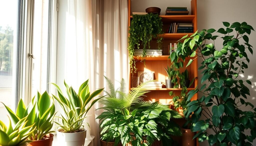 A serene indoor setting showcasing a diverse selection of plants suited for varying light conditions. In the foreground, a bright, sunlit windowsill hosts vibrant, leafy houseplants such as snake plants and succulents, indicating high light needs. In the middle, a cozy corner features shade-loving ferns and pothos draping elegantly, with soft sunlight filtering through sheer curtains. A backdrop of warm wooden shelves displays books and rustic décor, enhancing the natural vibe. The overall atmosphere is calm and inviting, with gentle shadows cast by the plants in the soft afternoon light. The composition should evoke a sense of tranquility and connection to nature, ideal for a calming home environment.