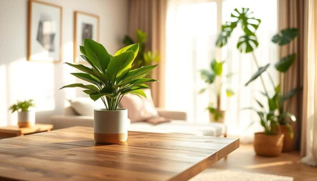 A serene indoor setting showcasing a single, lush house plant as the focal point. In the foreground, feature a stylish, minimalist wooden table with a textured surface, holding a vibrant potted plant with broad green leaves. In the middle ground, a softly blurred backdrop displays a cozy corner filled with warm, natural light filtering through a large window adorned with sheer curtains. Subtle accents of light wood and soft textiles create a calm atmosphere, while hints of greenery from additional plants are visible without overwhelming the scene. The image should evoke tranquility and a grounded feeling, captured with soft sunlight, a warm color palette, and a shallow depth of field that emphasizes the beauty of the plant and the inviting space around it.