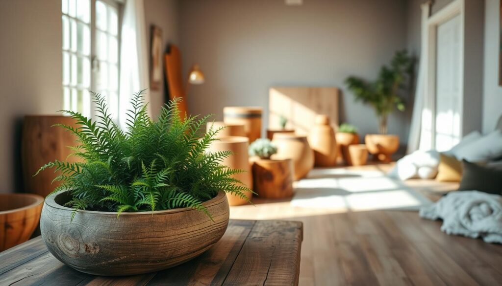 A serene indoor setting showcasing a variety of wooden planters, exuding a natural and understated elegance. In the foreground, a rustic wooden planter filled with lush green ferns and small succulents sits atop a reclaimed wood table. The middle ground features a collection of different styles of wooden planters, some cylindrical and others rectangular, all crafted from rich, textured wood. In the background, soft sunlight streams through a large window, illuminating the scene and creating gentle shadows that enhance the warm, inviting atmosphere. The room is minimally decorated, with subtle earth tones on the walls and a few scattered soft textiles, conveying a sense of tranquility and harmony with nature. The focus is on the beauty and timeless appeal of wooden planters in home decor, captured in bright, natural light.