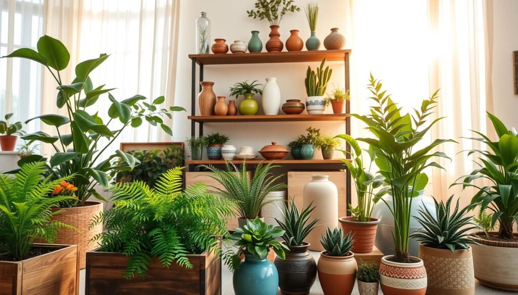A serene indoor setting showcasing an array of indoor plants styled in decorative containers. In the foreground, there are vibrant potted plants, such as ferns and succulents, placed in beautifully crafted wooden containers and colorful ceramic pots. The middle ground features a rustic wooden shelf adorned with various decorative vases, enhancing the natural theme. In the background, soft sunlight filters through sheer curtains, casting warm, inviting light throughout the space. The atmosphere conveys tranquility and harmony, with elements of nature harmoniously integrated into the home decor. Use a wide-angle lens to capture the spaciousness and airy vibe of the room, emphasizing the calming effect of greenery. The color palette should include earthy tones with pops of green.
