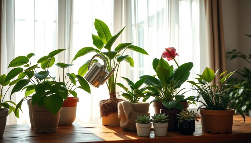 A serene indoor setting showcasing plant care and maintenance. In the foreground, a wooden table features various potted houseplants, including a leafy pothos, a vibrant peace lily, and a succulent arrangement, all lush and healthy. A person in modest casual clothing is gently watering a plant, their hands delicately cradling a watering can, with a focused and calm expression. The middle ground is filled with natural light streaming through large windows, casting soft shadows and highlighting the rich texture of the plants’ leaves. In the background, light and airy curtains flutter slightly in a gentle breeze, creating an atmosphere of tranquility and connection with nature. The overall ambiance is warm and inviting, emphasizing harmony and peaceful living.