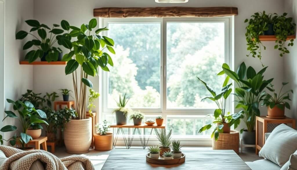 A serene indoor space featuring an array of lush green plants, including a tall fiddle leaf fig, cascading pothos, and small succulents, arranged artfully on rustic wooden shelves. In the foreground, a cozy seating area with a soft textured throw and a wooden coffee table accented with small potted herbs. The middle ground displays a large, sun-drenched window allowing bright natural light to stream in, creating a warm and inviting atmosphere. The background includes softly blurred greenery outside, enhancing the connection to nature. The lighting is soft and airy, evoking tranquility and calmness, ideal for showcasing how plants can gently soften a living space. The scene should convey a sense of peace and harmony within a stylish yet comfortable home décor setting.