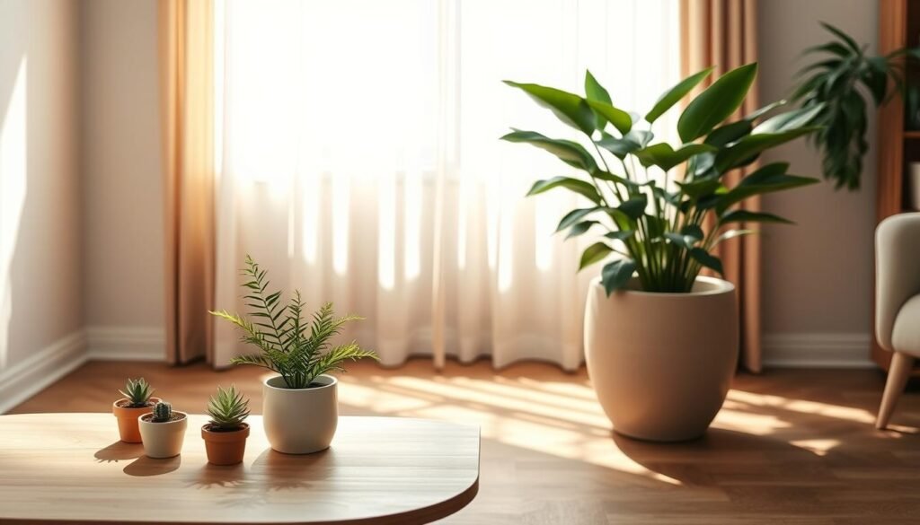 A serene indoor space featuring an understated plant design, with a focus on a minimalist arrangement of various green plants. In the foreground, a simple wooden table holds a few small potted succulents and a single elegant fern in a white ceramic pot. The middle ground showcases a tall, leafy rubber plant seated in a stylish, neutral-colored planter, casting soft shadows on the floor. The background reveals a sunlit window with sheer, flowing curtains that let in warm, natural light, enhancing the welcoming atmosphere. The room has muted, earthy tones complemented by natural wood accents. The overall mood is calm and inviting, embodying a sense of effortless elegance and easy maintenance, with soft sunlight gently illuminating the space.