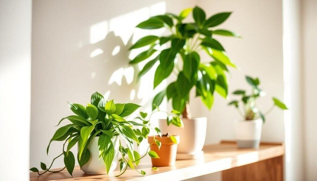 A serene interior scene showcasing a variety of low-maintenance plants elegantly arranged on a wooden shelf. In the foreground, a lush snake plant and a vibrant pothos spill out of their simple ceramic pots, their green leaves contrasting with the natural wood. The middle ground features a larger, leafy rubber plant, positioned against a soft, neutral-colored wall. The background reveals a sun-drenched window, with soft sunlight filtering in, casting gentle shadows and enhancing the plants' textures. The atmosphere is calming and refreshing, emphasizing the joy that simple greenery can bring to a space. The composition focuses on the plants' beauty with a shallow depth of field, highlighting their roles as easy and stylish decor elements in a cozy, inviting home.