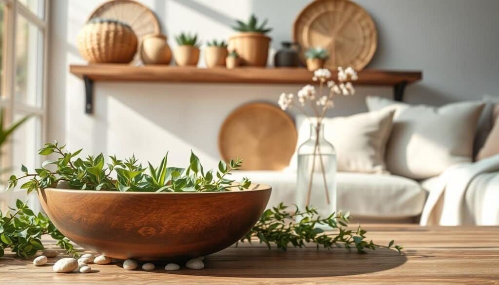 A serene interior setting showcasing an array of natural accessories that uplift the space. In the foreground, a handcrafted wooden bowl filled with fresh greenery and small, smooth stones. The middle features a rustic wooden shelf adorned with potted succulents, woven baskets, and an elegant glass vase containing delicate wildflowers. Soft, natural light pours in from a large window, casting gentle shadows and highlighting textures. In the background, a cozy seating area with neutral-toned cushions and a light linen throw creates an inviting atmosphere. The overall mood is calm and refreshing, embodying a connection to nature, with soft sunlight enhancing the organic beauty of each element. The composition captures a harmonious blend of simplicity and elegance in home décor.