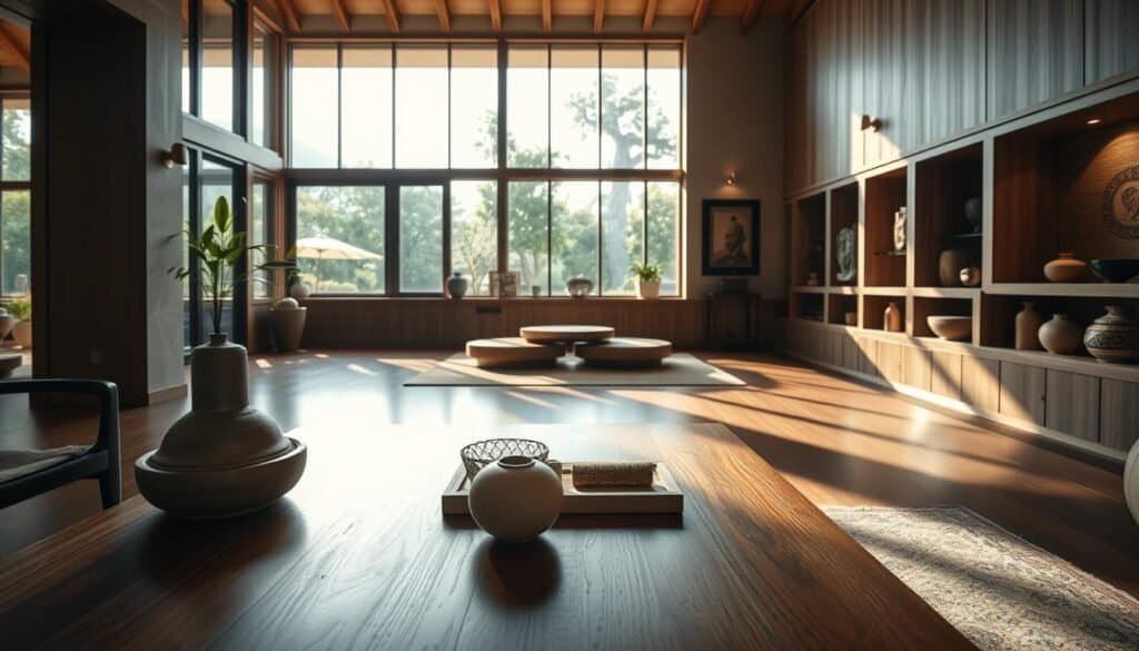 A serene interior showcasing cultural influences in architectural design, featuring understated accents that highlight craftsmanship. In the foreground, a polished wooden coffee table adorned with minimalist ethnic decorative items. The middle ground showcases a spacious room with large windows, allowing soft natural light to flood in, highlighting the intricate woodwork and subtle textures of the walls. Decorative niches display thoughtfully curated artifacts from various cultures, such as pottery and textiles. The background reveals a lush, landscaped garden visible through the glass, enhancing the connection between indoor and outdoor spaces. The atmosphere is calm and inviting, with warm tones and inviting shadows, evoking a sense of harmony and balance in the design. The composition is captured from a slightly elevated angle, creating a dynamic perspective that emphasizes depth.