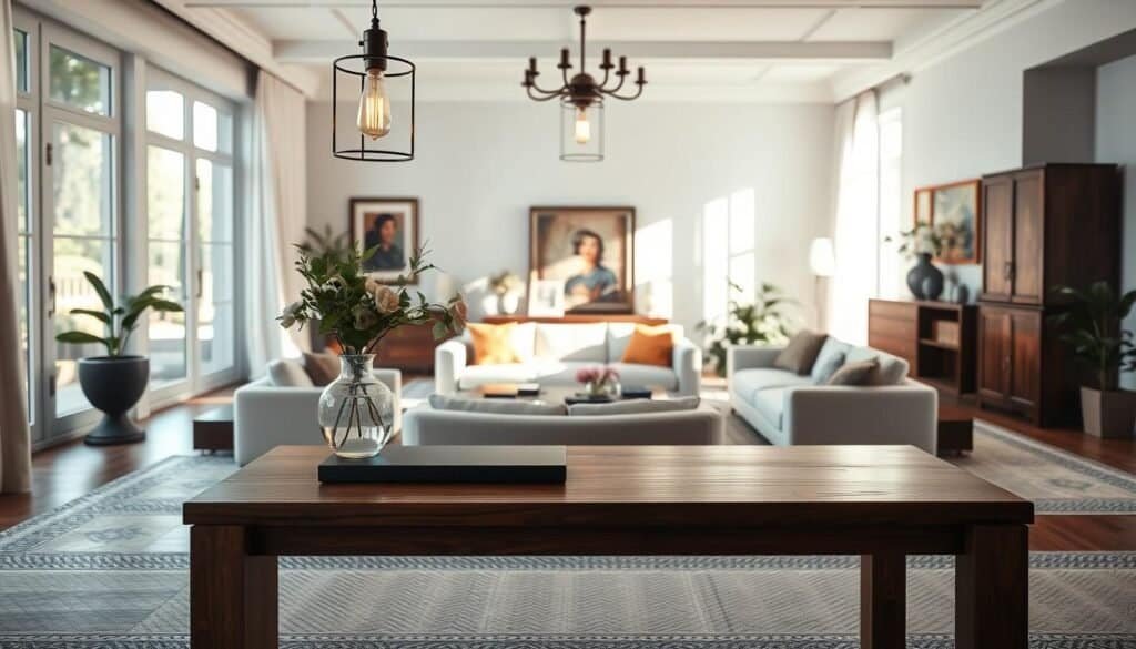 A serene interior showcasing timeless lighting design in a spacious living area. In the foreground, a sleek, minimalist wooden table adorned with a delicate vase of fresh flowers reflects soft natural light from large windows. The middle ground features elegantly styled furniture, including a plush sofa, arranged thoughtfully to maximize the flow of light. Vintage-inspired pendant lights hang from the ceiling, casting a warm, inviting glow that highlights rich textures and finishes. The background is filled with tasteful artwork and potted plants, creating an atmosphere of harmony and sophistication. The lighting captures the essence of daylight, with soft sunlight filtering through sheer curtains, evoking a sense of calm and timeless elegance in this beautifully curated space.