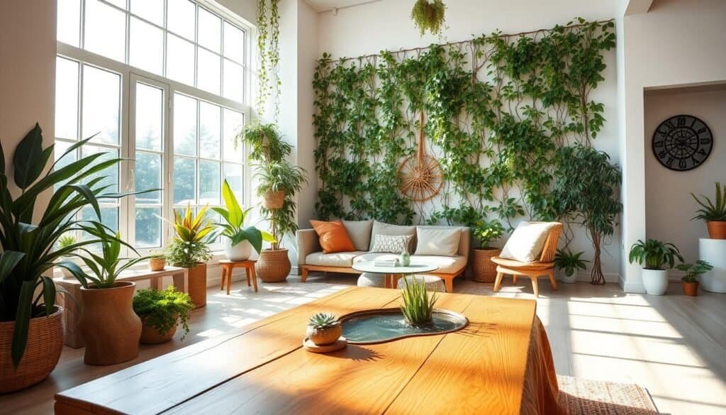 A serene interior space designed with biophilic elements, featuring large windows that fill the room with bright natural light and soft sunlight filtering through lush indoor plants. In the foreground, a beautifully crafted wooden coffee table is adorned with succulents and a small water feature. The middle ground showcases a cozy seating area with earthy-toned cushions, surrounded by climbing vines and natural wood accents. In the background, a wall of living greenery creates a vibrant contrast against neutral walls, and natural light washes over a calming color palette. The atmosphere is airy and inviting, embodying a harmonious connection with nature, enhancing a grounded and livable environment. The image captures a wide-angle view, emphasizing the openness and tranquility of the space.