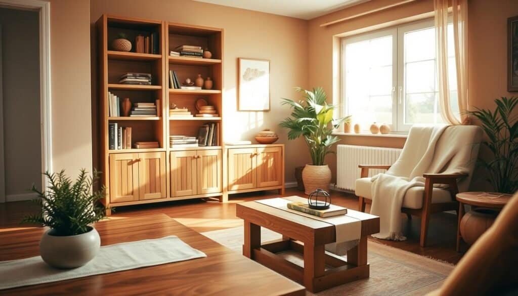 A serene interior space featuring calming wooden decor. In the foreground, a beautifully crafted wooden coffee table adorned with a small potted fern and a soft linen table runner. In the middle, a stylish wooden bookshelf filled with an array of books and decorative wooden objects, complemented by a cozy armchair draped in a light blanket. In the background, a large window allowing bright, soft natural light to flood the room, illuminating the warm tones of the wood. The walls are painted in soft earth tones, enhancing the tranquil atmosphere. The scene is free of clutter, evoking a peaceful and inviting home environment. Use a wide-angle lens to capture the full warmth of the space, showcasing the harmonious interplay of light and wood textures.