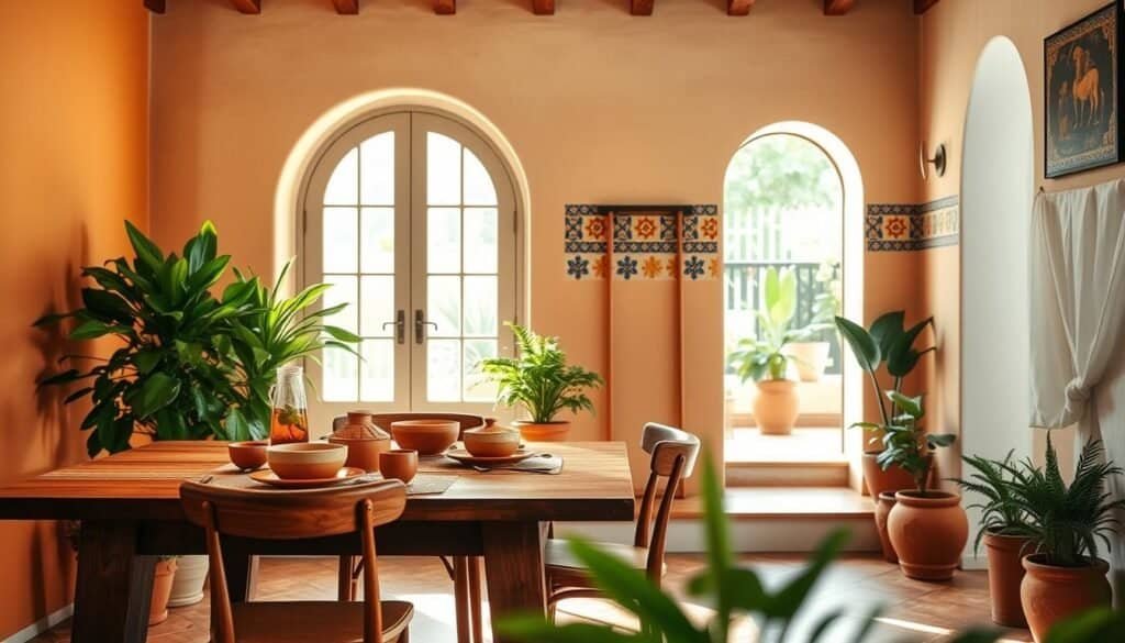 A serene interior space showcasing a Mediterranean and Spanish-inspired color palette, featuring soft terracotta and warm ochre tones. In the foreground, a handcrafted wooden dining table set with rustic ceramic dishes, surrounded by elegantly simple chairs. The middle ground reveals lush green plants in terracotta pots, enhancing the earthy vibe. In the background, a whitewashed wall adorned with vibrant, traditional tiles in blue, yellow, and orange hues. Bright, natural light streams in through arched windows, creating an airy atmosphere with soft sunlight illuminating the space. The mood feels warm and inviting, evoking a sense of timeless elegance and comfort, perfect for a welcoming home.