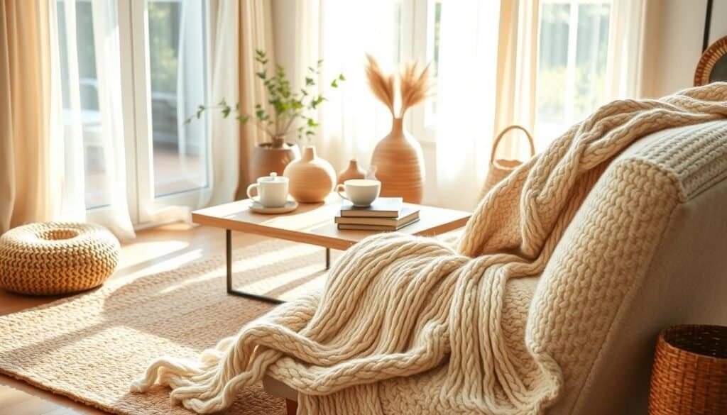 A serene interior space showcasing a variety of cozy textures that evoke warmth and comfort. In the foreground, a soft, knitted throw blanket drapes elegantly over a plush, oversized armchair, with a hand-woven rug featuring natural fibers beneath. In the middle, a wooden coffee table displays a stack of books and a steaming cup of herbal tea, surrounded by decorative items made of textured materials like ceramic and woven baskets. The background reveals a sunlit window with sheer curtains gently billowing, highlighting a view of gentle greenery outside. The scene is bathed in bright, natural light, casting soft shadows that enhance the inviting atmosphere. Capture this moment with a soft focus, ensuring a warm and airy feel, emphasizing the tactile elements that transform the space into a haven of relaxation.