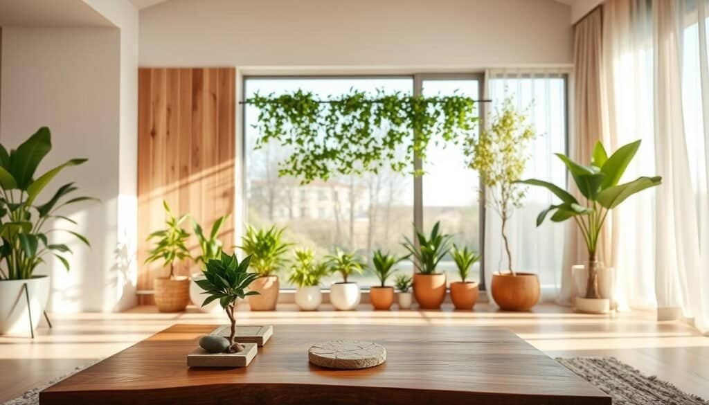 A serene interior space showcasing biophilic design elements, emphasizing natural materials and vibrant greenery. In the foreground, a stylish wooden coffee table with a small indoor plant and natural stone coasters. The middle features large windows bathing the room in soft, warm sunlight, illuminating a selection of potted plants and a vertical garden along a well-crafted wood wall. In the background, airy curtains flutter gently with a breeze, enhancing the feeling of openness. Use a wide-angle lens to capture the spaciousness, ensuring a harmonious balance between the indoor and outdoor elements. The atmosphere is refreshing and rejuvenating, inviting viewers to appreciate the calming effects of nature-inspired decor in a room previously perceived as heavy.