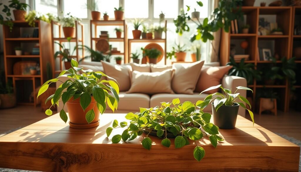 A serene interior space showcasing biophilic design, featuring an inviting living room. In the foreground, a natural wood coffee table holds a stylish arrangement of lush potted plants, with vibrant green leaves spilling gracefully over the edges. In the middle, a comfortable sofa adorned with soft, earthy-toned cushions is positioned near a large window that floods the room with bright, natural light. The background reveals wooden shelves filled with various plants and decorative wooden elements, creating a harmonious blend of nature and craftsmanship. The atmosphere is warm and inviting, emphasizing a connection to nature, with soft sunlight casting gentle shadows that enhance the peaceful ambiance. Ideal lens focus on the details of the wood grain and foliage, capturing a sense of tranquility and comfort in home decor.