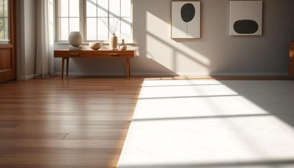 A serene interior space showcasing mindful material transitions. In the foreground, elegant wooden flooring meets polished white marble, highlighting a seamless junction. The middle ground features a minimalist console table made of warm oak, adorned with carefully placed decorative elements that emphasize texture, such as stone coasters and ceramic vases. Soft, natural light filters through large windows, casting gentle shadows that enhance the materials. In the background, a muted wall painted in soft gray complements the warm tones, with a subtle artwork depicting organic shapes. The atmosphere exudes tranquility and thoughtful design, inviting the viewer to appreciate the harmonious blend of materials. The overall scene captures a sense of airy spaciousness, with a focus on the interplay of light and texture, taken from a slightly elevated angle to emphasize the thoughtful architecture.