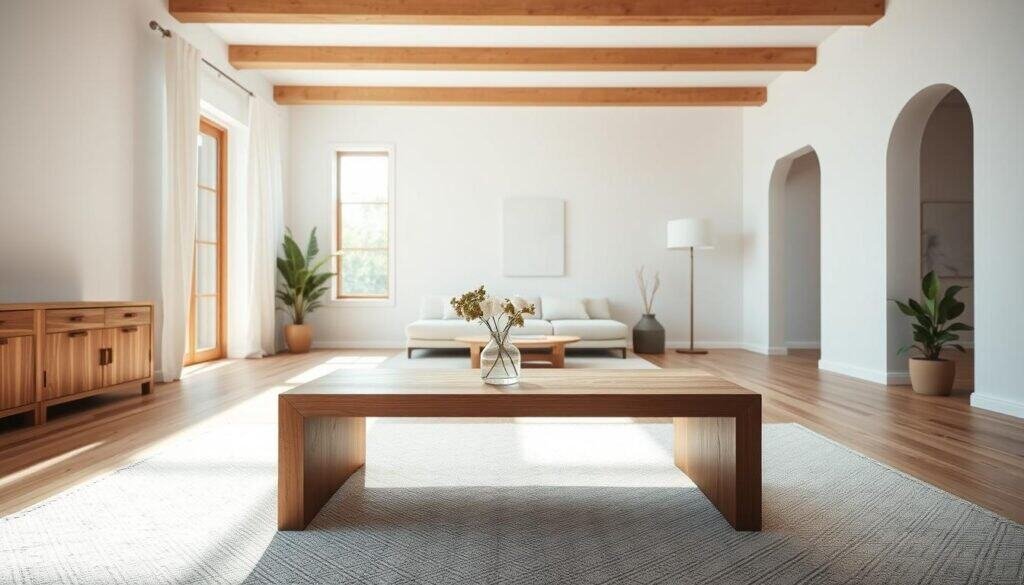A serene interior space showcasing the importance of negative space in home design. In the foreground, a minimalist wooden coffee table with a small, elegant vase of fresh flowers sits on a light, textured rug. The middle ground features an open, airy living area with a large, bright window allowing soft, natural sunlight to flood the space, highlighting the warm wood tones and neutral color palette. In the background, simple yet striking white walls create a calming atmosphere, emphasizing the open space without clutter. The composition captures the tranquility of well-planned negative space, using a wide-angle lens to convey depth. The overall mood is peaceful and inviting, reflecting a sense of calm and spaciousness.