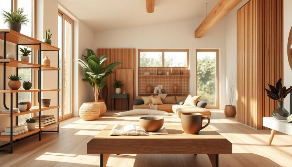 A serene interior space showcasing various wood elements that evoke calmness and grounding. In the foreground, elegant wooden shelves display potted plants and minimalist decorative items. The middle layer features a cozy wooden coffee table adorned with a natural fiber textile and a steaming cup of herbal tea. The background includes large windows allowing soft sunlight to pour in, illuminating a light wood floor and subtle wooden beams on the ceiling. The atmosphere is airy and bright, with calming neutral tones throughout. The scene is captured in a warm, inviting light, emphasizing the textures of the wood and creating a peaceful ambiance. Use a wide-angle lens to showcase the spaciousness of the room, ensuring a clear view of the harmonious integration of natural wood accents.