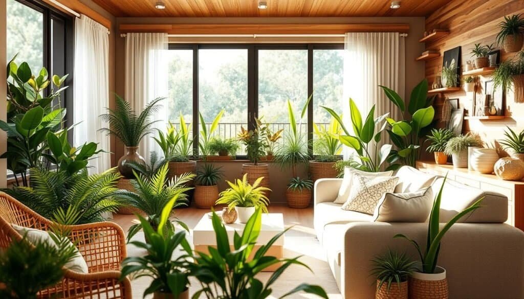A serene living room design featuring biophilic elements that seamlessly integrate nature into the indoor space. In the foreground, a cozy seating area with a light-colored, natural fabric sofa and woven rattan chairs is adorned with vibrant potted plants, such as ferns and succulents. In the middle, a large window invites soft sunlight, illuminating the room with a warm glow and showcasing a view of a lush garden outside. The background displays wooden wall elements and artistic plant arrangements that enhance the natural aesthetic. The atmosphere is calming and inviting, emphasizing sustainability and harmony with nature. Use bright, natural lighting to capture the airy ambiance, with a slight depth of field to focus on the biophilic details.