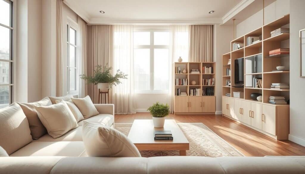 A serene living room designed to evoke calmness and comfort, featuring neutral colors such as soft beiges, warm grays, and gentle whites. In the foreground, a plush, inviting sofa with cozy throw pillows, complemented by a light wood coffee table adorned with a small potted plant. The middle layer showcases an elegant area rug and a bookshelf filled with mostly neutral-toned books and a few decorative pieces, adding a touch of personality. In the background, large windows allow bright, natural light to pour in, casting soft sunlight across the space, illuminating light curtains. The atmosphere is tranquil and airy, creating a genuinely lived-in feel, perfect for relaxation and unwinding. The angle captures the depth of the room, highlighting the harmonious blend of décor and natural elements. A serene living room designed to evoke calmness and comfort, featuring neutral colors such as soft beiges, warm grays, and gentle whites. In the foreground, a plush, inviting sofa with cozy throw pillows, complemented by a light wood coffee table adorned with a small potted plant. The middle layer showcases an elegant area rug and a bookshelf filled with mostly neutral-toned books and a few decorative pieces, adding a touch of personality. In the background, large windows allow bright, natural light to pour in, casting soft sunlight across the space, illuminating light curtains. The atmosphere is tranquil and airy, creating a genuinely lived-in feel, perfect for relaxation and unwinding. The angle captures the depth of the room, highlighting the harmonious blend of décor and natural elements.