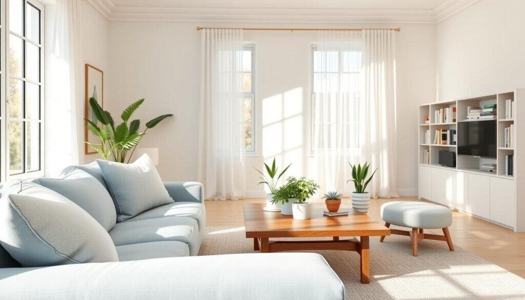 A serene living room interior emphasizing color psychology, designed to evoke calmness. In the foreground, a plush light blue sofa with soft pillows invites relaxation. The middle ground features a stylish wooden coffee table adorned with potted greenery, accentuating the soothing colors. The background displays soft pastel-painted walls, bathed in bright natural light from large windows, creating an airy atmosphere. Sunlight filters through sheer curtains, casting gentle shadows and enhancing the peaceful tone of the space. Incorporate a cozy reading nook with a minimalist bookshelf filled with soft-hued books, establishing a sense of tranquility. Capture the scene from a slightly elevated angle, showcasing the harmonious balance between the furniture and the colors, evoking a feeling of serenity and comfort throughout the design.