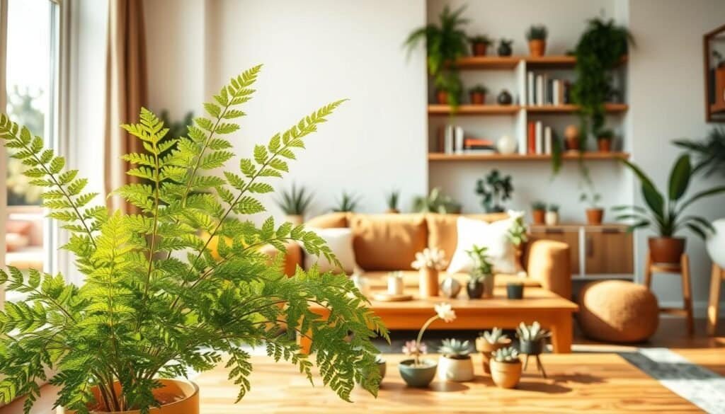 A serene living room interior featuring a lively selection of plants that embody a sense of consciousness and connection. In the foreground, a lush green potted fern with intricate leaf patterns catches the soft, natural sunlight streaming through a large window. In the middle ground, a wooden coffee table displays a variety of small succulents and a delicate flower; their colors vibrant and harmonious. The background showcases a bright, airy space with white walls adorned with wooden shelves, filled with books and more plants, creating a warm biophilic atmosphere. The lighting is warm and inviting, casting soft shadows that enhance the peaceful ambiance. The scene evokes tranquility and a sense of companionship between humans and nature, inviting a feeling of well-being and emotional connection.