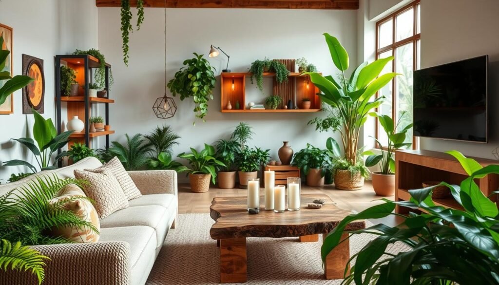A serene living room oasis filled with vibrant greenery and elegant wooden accents. In the foreground, a cozy, textured sofa in light earthy tones, with lush, potted plants nearby, like ferns and succulents. Floating wooden shelves display a curated selection of decorative items and additional greenery, creating a harmonious blend of nature and design. The middle ground features a rustic coffee table made from reclaimed wood, adorned with candles and small decorative stones. In the background, large windows allow soft, natural light to filter through, illuminating the space and highlighting the natural wood grain and plant textures. The atmosphere is peaceful and inviting, perfect for relaxation or social gatherings, embodying the essence of a nurturing, balanced environment.