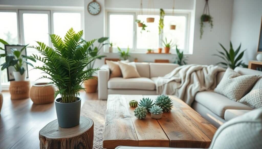A serene living room that seamlessly integrates natural elements, showcasing a harmonious blend of plants and wood. In the foreground, a large, vibrant potted fern stands on a rustic wooden side table, complemented by soft, textured cushions on a neutral-colored sofa. The middle ground features a coffee table made of reclaimed wood, adorned with small succulents and a cozy throw blanket. In the background, expansive windows allow bright, soft sunlight to filter in, bathing the space in a warm glow and highlighting a few hanging plants. The atmosphere is calm and inviting, emphasizing comfort and tranquility in a shared living environment, with a focus on sustainability and natural beauty. The scene should be captured from a slightly elevated angle to provide depth and perspective.