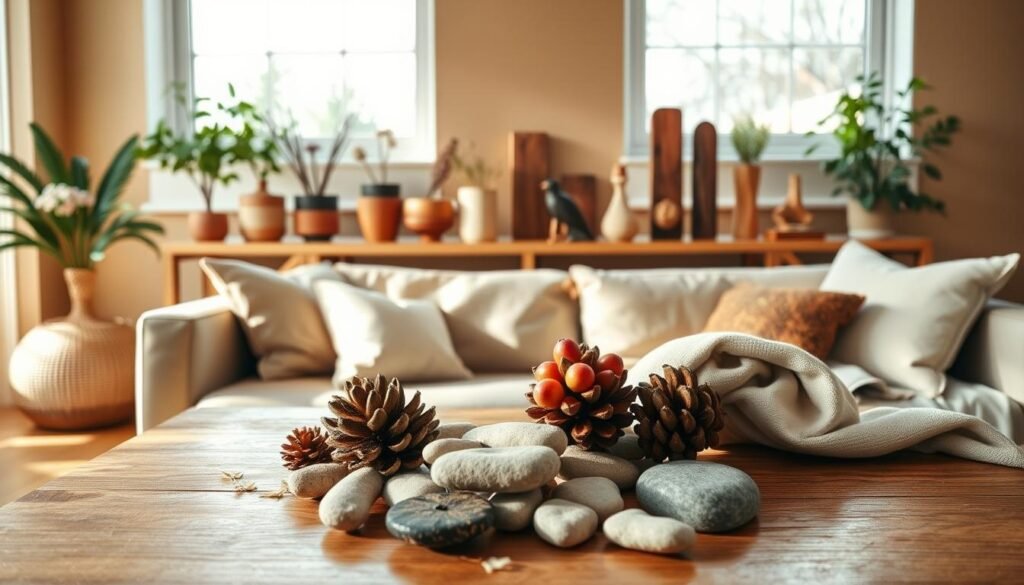 A serene living space decorated with seasonal natural accents to evoke a sense of calm and grounding. In the foreground, a wooden coffee table showcases a collection of pinecones, smooth river stones, and a small bowl of seasonal fruits surrounded by soft linens. The middle ground features an elegantly arranged shelf with potted herbs, a few delicate wildflowers, and wooden sculptures that reflect the changing seasons. In the background, large windows allow bright, soft sunlight to flood the room, casting gentle shadows and creating an airy atmosphere. The walls are painted a warm, earthy tone, enhancing the natural feel. The overall mood is peaceful and inviting, perfect for a serene retreat at any time of the year.