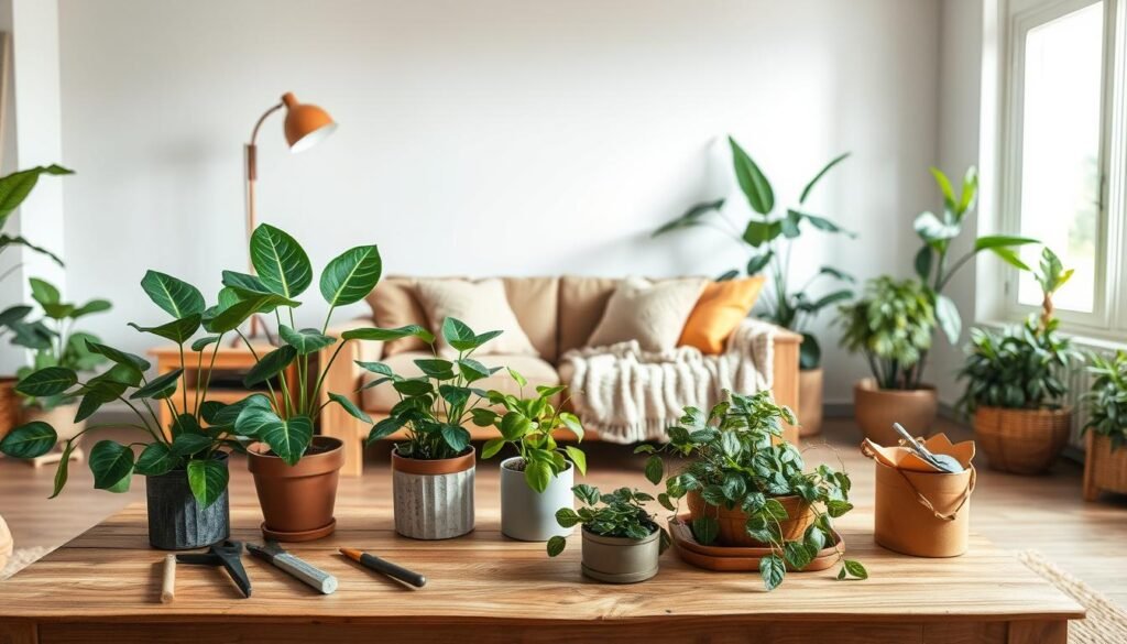 A serene living space featuring natural decor maintenance, portraying an array of wooden furniture, leafy green plants, and natural materials. In the foreground, a wooden coffee table displays potted plants and tools for plant care, such as pruning shears and a watering can. The middle ground showcases a cozy sofa adorned with earth-toned cushions and a knitted throw, complemented by a floor lamp casting soft, warm light. In the background, a large window allows bright natural light to flood the room, illuminating the textures of the wood and foliage. The atmosphere exudes tranquility and simplicity, inviting a sense of calm and connection with nature through an idyllic arrangement of decor.