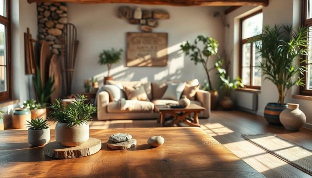 A serene living space showcasing a blend of natural materials, emphasizing a grounded and inviting atmosphere. In the foreground, a handcrafted wooden table adorned with potted plants and natural stone coasters. The middle ground features a cozy seating area with a soft, earthy-toned sofa, complemented by cushions in organic fabrics. Beautiful sunlight streams through large windows, casting gentle shadows and highlighting the rich textures of reclaimed wood, bamboo, and clay decorations. In the background, a wall made from local stone adds rustic charm, while a few indoor trees provide a touch of nature. The lighting is bright and natural, creating an airy feel that invites tranquility and warmth into the space. The overall mood is peaceful, embodying a harmonious connection with nature.
