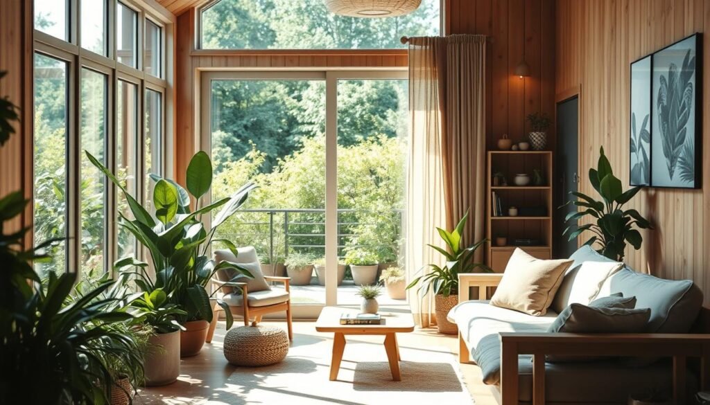 A serene living space showcasing biophilic design elements, featuring a cozy reading nook as the foreground, adorned with lush indoor plants, natural wood furniture, and soft textiles. In the middle ground, a large window allows warm, bright sunlight to flood the room, highlighting the organic patterns of the wood grain and casting gentle shadows. The background captures a view of a garden through the window, enhancing the connection to nature with vibrant greenery. The atmosphere is calm and inviting, promoting tranquility and grounding. The lighting is bright and airy, resembling a sun-drenched afternoon, emphasizing the natural accents and creating a sense of peace and harmony throughout the space.