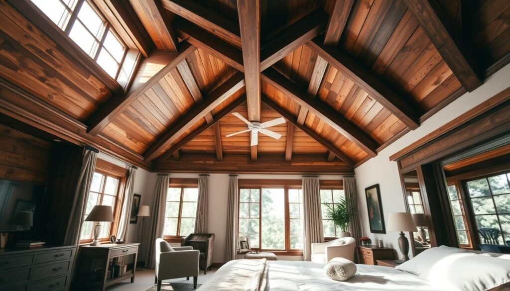 A serene master bedroom featuring elegant wooden ceiling treatments, showcasing rich, textured wooden beams and intricate paneling. The scene is bathed in bright natural light filtering through large windows, creating a warm and inviting atmosphere. In the foreground, a cozy bed with soft bedding matches the earthy tones of the wood, while stylish furniture complements the rustic ambiance. The middle ground highlights the architectural details of the ceiling, emphasizing the craftsmanship and inviting shadow play from the ceiling beams. In the background, a glimpse of greenery outside enhances the tranquil setting. The overall mood is calming and peaceful, ideal for a restful retreat, captured with soft sunlight and a wide-angle lens for a spacious feel. A serene master bedroom featuring elegant wooden ceiling treatments, showcasing rich, textured wooden beams and intricate paneling. The scene is bathed in bright natural light filtering through large windows, creating a warm and inviting atmosphere. In the foreground, a cozy bed with soft bedding matches the earthy tones of the wood, while stylish furniture complements the rustic ambiance. The middle ground highlights the architectural details of the ceiling, emphasizing the craftsmanship and inviting shadow play from the ceiling beams. In the background, a glimpse of greenery outside enhances the tranquil setting. The overall mood is calming and peaceful, ideal for a restful retreat, captured with soft sunlight and a wide-angle lens for a spacious feel.