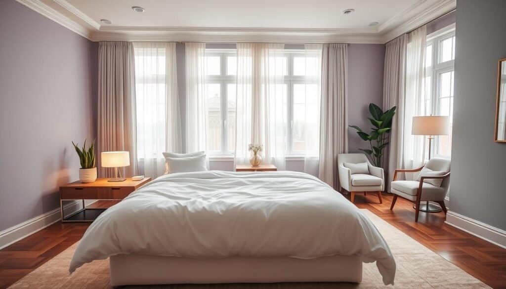 A serene master suite designed for couples, featuring soft pastel wall colors like lavender and pale blue. In the foreground, a beautifully made bed with fluffy white linens and plush throw pillows invites relaxation. In the middle, a sleek wooden bedside table holds soft, glowing lamps that emit warm light, creating a cozy atmosphere. The background showcases large windows dressed with light, airy curtains, allowing bright natural sunlight to fill the room. A stylish armchair sits in a corner beside a small indoor plant, contributing to the calming vibe. The overall mood is tranquil and inviting, perfect for a tech-free sleep haven. The image should reflect a well-balanced composition with an emphasis on comfort and warmth, taken from a slightly elevated angle to capture the full essence of the space.