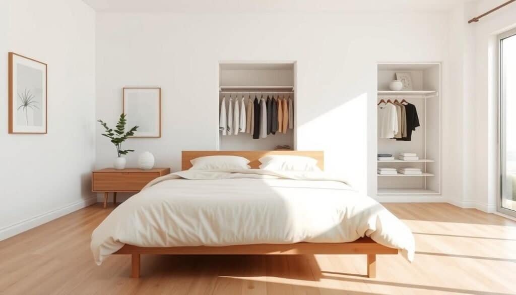 A serene minimalist bedroom designed for decluttering and simplicity, featuring a large, neatly made bed with a soft beige comforter and fluffy white pillows in the foreground. To the sides, a pair of sleek, wooden nightstands with minimal decor items, such as a small plant and a gentle lamp. In the middle, a large window allows bright natural light to flood the room, casting soft shadows on the light oak floor. Simplistically styled artwork hangs on the walls, emphasizing tranquility with soft colors. The background showcases an organized, open closet with neatly arranged clothing and minimal accessories, reinforcing the uncluttered theme. The overall atmosphere is calm and inviting, encouraging relaxation and reflection, with airy spaces that suggest a cozy retreat at the end of the day.