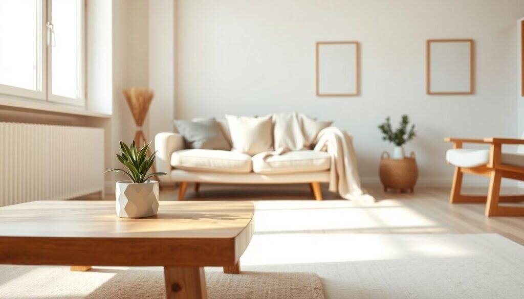 A serene minimalist living room featuring natural wooden furniture and soft, neutral-toned textiles. In the foreground, a low wooden coffee table is adorned with a single green plant in a simple white pot. The middle ground showcases a cozy fabric sofa with light cushions, complemented by a soft throw blanket draped casually over one arm. In the background, large windows allow bright, natural light to flood the space, creating a warm and inviting atmosphere. The walls are painted in calming shades of white and beige, with minimal artwork for a touch of character. The lighting is soft and diffused, enhancing the airy feel of the room. Overall, the composition conveys tranquility and simplicity, inviting viewers to experience the calmness of minimalist home decor.