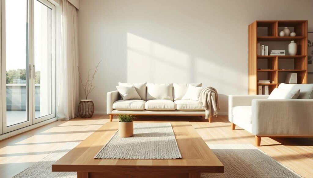 A serene minimalist living room showcasing warm, inviting design elements. In the foreground, a simple wooden coffee table with a textured fabric runner and a small potted plant. The middle section features a light beige sofa adorned with soft, neutral-colored cushions. A cozy throw blanket is draped over one arm. A stylish, understated bookshelf made of natural wood stands against a wall, displaying select decorative items like ceramic vases and a few art books. The background captures a large window allowing bright, soft sunlight to filter in, casting gentle shadows. Use a wide-angle perspective to enhance the airy atmosphere, emphasizing a sense of spaciousness. The overall mood is calming and harmonious, embodying minimalist aesthetics while offering warmth and comfort.