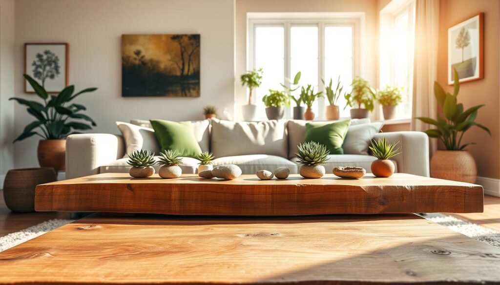 A serene, modern living room showcasing biophilic design features. In the foreground, a large wooden coffee table made from reclaimed wood, adorned with small potted plants and natural stone decorative pieces. The middle layer includes a plush sofa covered in soft, neutral fabrics, accented with green throw pillows. A large window in the background allows bright, soft natural light to flood the room, illuminating the indoor plants placed on the windowsill. The walls are painted in earthy tones, accented with nature-inspired artwork. The atmosphere is calm and inviting, evoking a sense of tranquility and connection with nature. The composition is captured with a wide-angle lens, emphasizing the open space and airy feel of the room, bathed in warm sunlight.