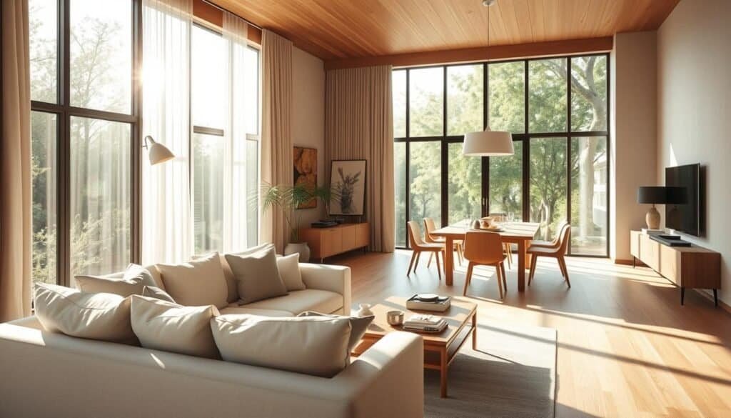 A serene, modern living space that embodies the psychology of flow in architecture. In the foreground, a tastefully arranged open-plan seating area with minimalist furniture, featuring calming neutral tones. Soft sunlight streams through large windows, casting gentle shadows and illuminating the warm wood accents of the room. The middle ground showcases a seamless transition to a dining area, with a large wooden table set for a cozy meal, surrounded by comfortable chairs. In the background, lush greenery can be seen through the glass doors, inviting the outside in, enhancing the sense of connection and tranquility. The overall atmosphere is one of calmness and harmony, evoking a sense of well-being. The lighting is bright and natural, with a soft focus effect to create a dreamy ambiance, using a wide-angle lens to capture the space's expansive feel.