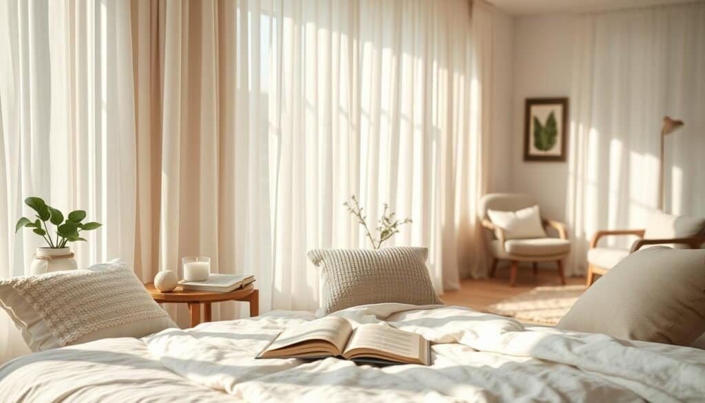 A serene multi-sensory relaxation bedroom featuring soft, neutral tones and natural textures. In the foreground, a plush bed dressed in layers of gentle, inviting linens, surrounded by textured throw pillows providing comfort. The middle ground includes ethereal sheer curtains softly billowing with a gentle breeze, allowing bright natural light to filter in, casting soft shadows. On a bedside table, calming elements like a small plant, a candle, and an open book add warmth. In the background, a cozy area with a plush rug and a reading chair invites tranquil moments. The mood is peaceful and inviting, illuminated by soft, warm sunlight, creating a harmonious and calming atmosphere perfect for winding down. The composition captures an inviting and airy space suitable for relaxation.
