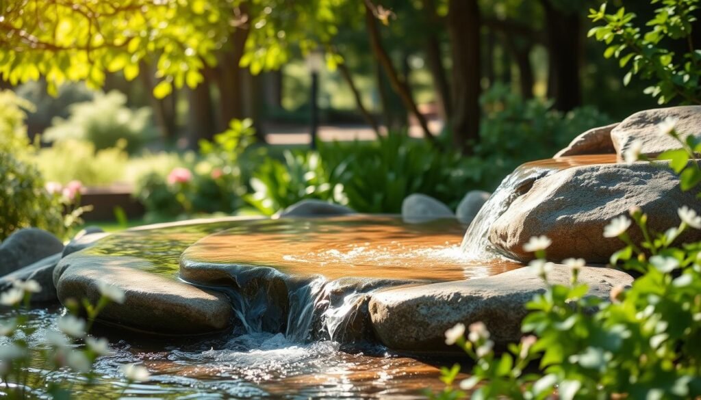 A serene natural stone fountain nestled in a tranquil garden setting, the fountain features gracefully flowing water that cascades over smooth stones, creating a soothing sound. In the foreground, delicate flowers bloom, adding subtle splashes of color. The middle ground showcases lush greenery surrounding the fountain, with sunlight filtering through leaves, casting soft, dappled light onto the stones. In the background, a gently blurred view of a peaceful wooded area enhances the sense of calm. Capture the scene with a soft focus lens effect, emphasizing the relaxed ambiance and inviting nature of the water feature. The overall mood should evoke feelings of tranquility and connection with nature, illuminated by bright natural light and airy atmosphere.