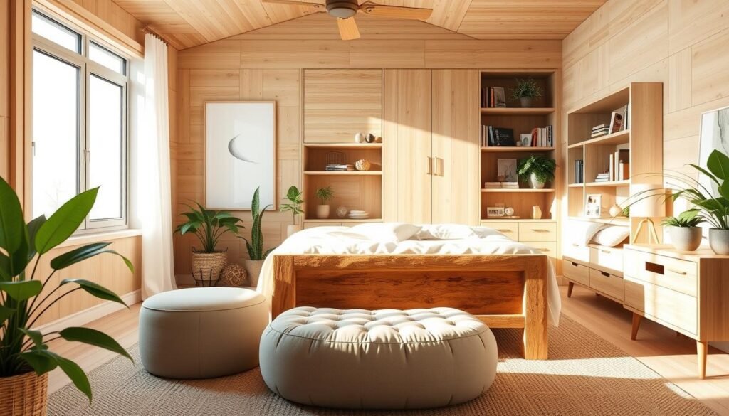 A serene natural wood bedroom featuring a queen-sized bed with a rustic wooden frame, adorned with soft, neutral bedding and plush pillows. The foreground showcases a cozy reading nook with an ottoman and a small wooden side table. In the middle ground, a large window allows bright, soft sunlight to illuminate the room, casting gentle shadows and creating a warm, inviting atmosphere. The walls are clad in light wood paneling, complemented by natural fiber textures and green plants for a breath of freshness. In the background, consider a built-in wooden bookshelf filled with books and decorative items, enhancing the tranquil, homey feel. The scene is captured from a slightly elevated angle, emphasizing the spaciousness and calming charm of the design. A serene natural wood bedroom featuring a queen-sized bed with a rustic wooden frame, adorned with soft, neutral bedding and plush pillows. The foreground showcases a cozy reading nook with an ottoman and a small wooden side table. In the middle ground, a large window allows bright, soft sunlight to illuminate the room, casting gentle shadows and creating a warm, inviting atmosphere. The walls are clad in light wood paneling, complemented by natural fiber textures and green plants for a breath of freshness. In the background, consider a built-in wooden bookshelf filled with books and decorative items, enhancing the tranquil, homey feel. The scene is captured from a slightly elevated angle, emphasizing the spaciousness and calming charm of the design.