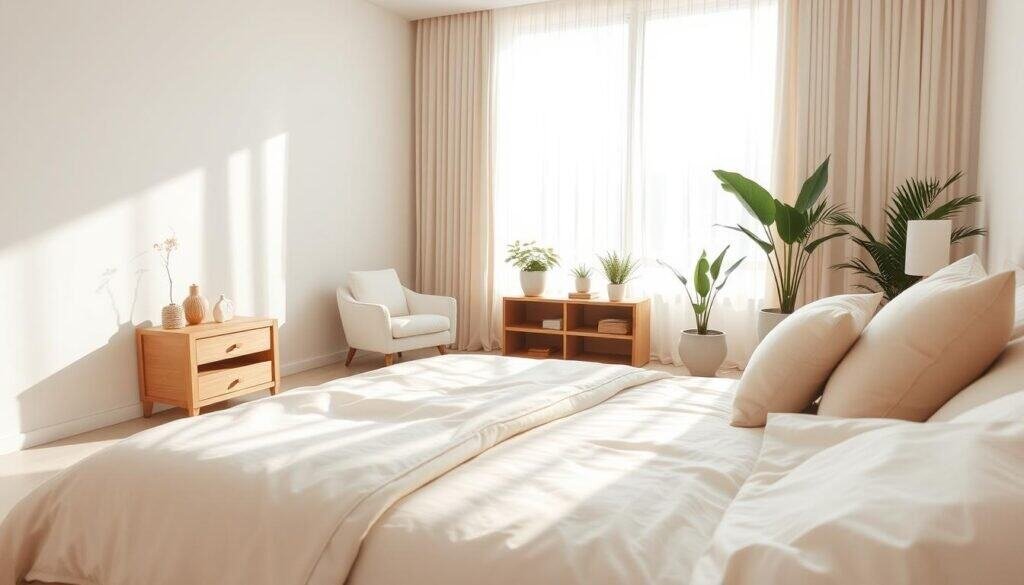 A serene neutral bedroom design, featuring a cozy and inviting atmosphere. In the foreground, a beautifully made bed with soft, neutral-toned linens and plush throw pillows. The middle ground showcases a tasteful arrangement of minimalist furniture, such as a simple wooden nightstand and a stylish armchair, all in soft beige and white hues. The background includes a large window draped with sheer curtains, allowing bright, natural light to fill the room, creating an airy feel. Soft sunlight filters through, casting gentle shadows across the floor. A few potted plants add a touch of greenery, enhancing the sensory experience. The overall mood is calm and tranquil, perfect for relaxation and rest.