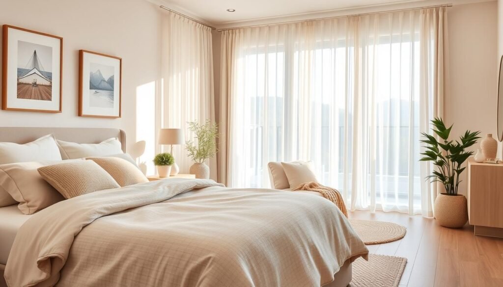 A serene, neutral bedroom design featuring cozy color palettes that evoke warmth and comfort. In the foreground, a beautifully made bed with soft, textured bedding in shades of beige and cream, accented by an array of subtle pastel throw pillows. The middle ground includes a stylish bedside table with a modern lamp and a potted plant, adding a touch of greenery. The background showcases a large window draped with sheer curtains, allowing bright, natural light to fill the space, creating a warm and inviting atmosphere. The room features light wooden flooring, delicate decor elements like a soft area rug, and tasteful artwork on the walls. The scene captures a peaceful, airy ambiance with soft sunlight illuminating the room, enhancing the feeling of tranquility and comfort.