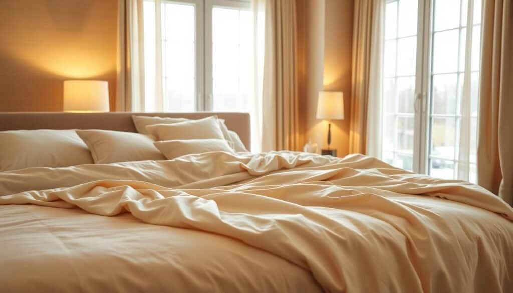 A serene neutral bedroom featuring a plush king-sized bed dressed in soft, inviting layers of cream and beige bedding that conveys a gentle hug-like atmosphere. In the foreground, a delicate throw blanket effortlessly drapes over the side of the bed, complemented by a couple of fluffy pillows arranged casually. The middle ground showcases a stylish nightstand with a minimalist design, holding a warm lamp casting soft, inviting light. In the background, large windows let in bright natural light, filtering through sheer curtains, illuminating the room with a soft glow. The walls are painted in warm neutral tones, adding to the airy and calming vibe. The overall mood is tranquil and inviting, perfect for promoting restful sleep and relaxation.
